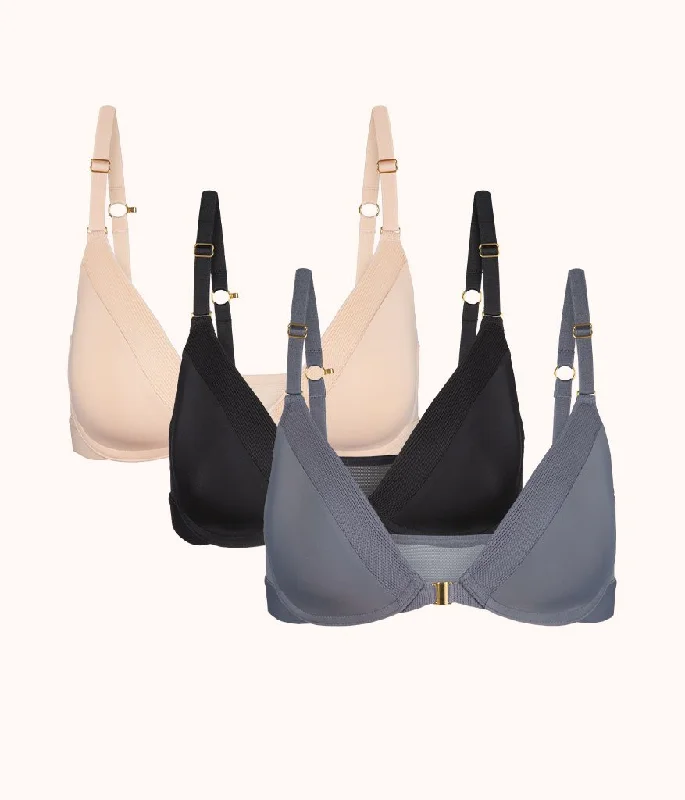 The Front Close No-Wire Bra Trio: Jet Black/Toasted Almond/Smoke