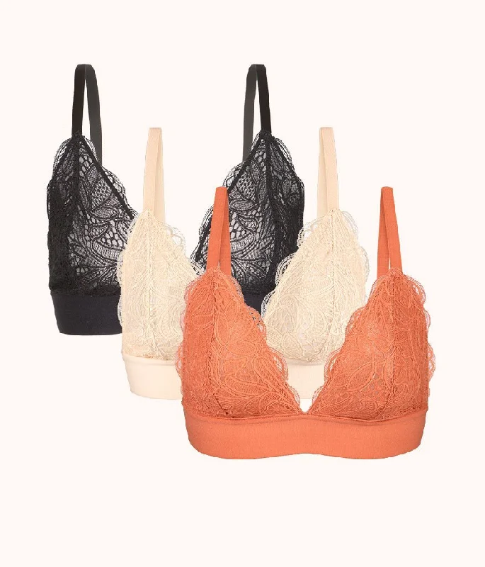 The Long-Lined Lace Bralette Trio: Terracotta/Jet Black/Toasted Almond