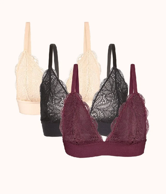 The Long-Lined Lace Bralette Trio: Toasted Almond/Jet Black/Plum