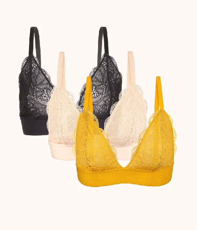 The Long-Lined Lace Bralette Trio: Turmeric/Toasted Almond/Jet Black