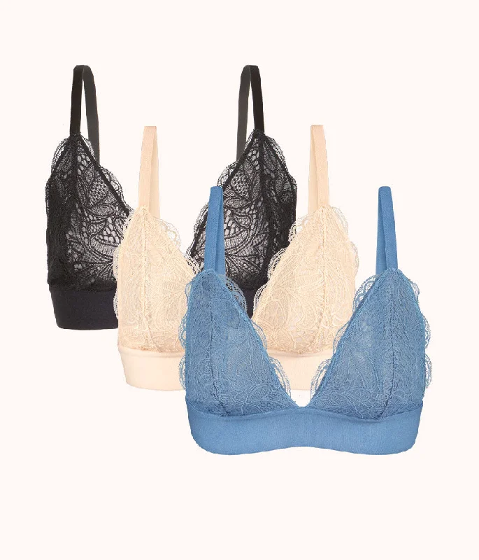 The Long-Lined Lace Bralette Trio: Vintage Indigo/Toasted Almond/Jet Black