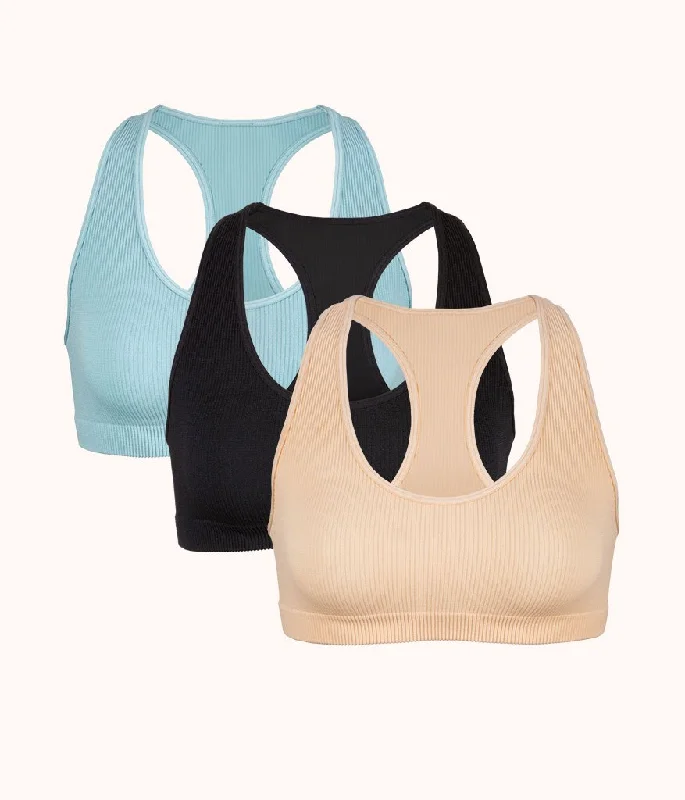 The Seamless Racerback Bralette Trio: Jet Black/Toasted Almond/Sky Blue