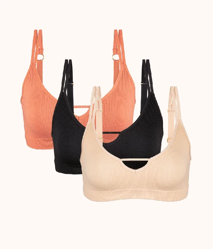 The Skinny-Strap Seamless Bralette Trio: Terracotta/Jet Black/Toasted Almond