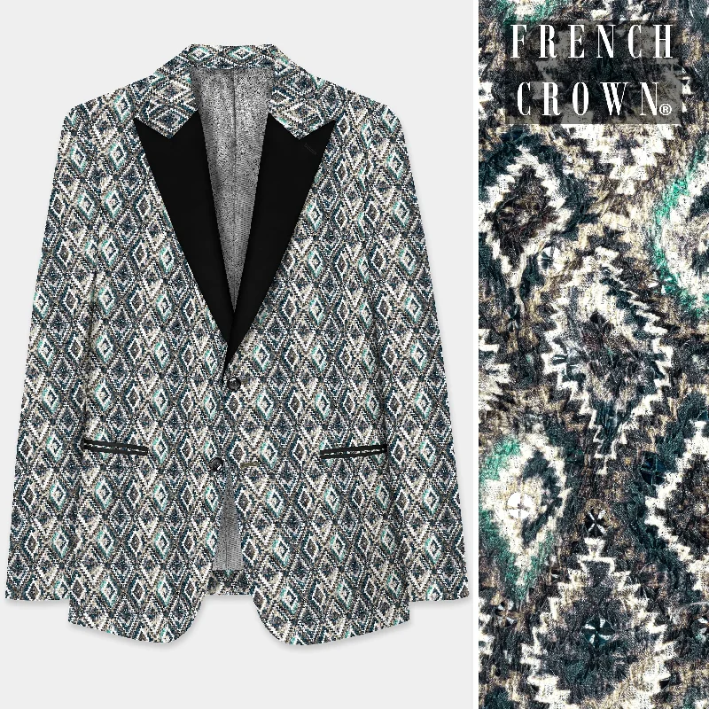 Abbey Gray And Outer Space Blue Designer Embroidered Peak Collar Tuxedo Blazer