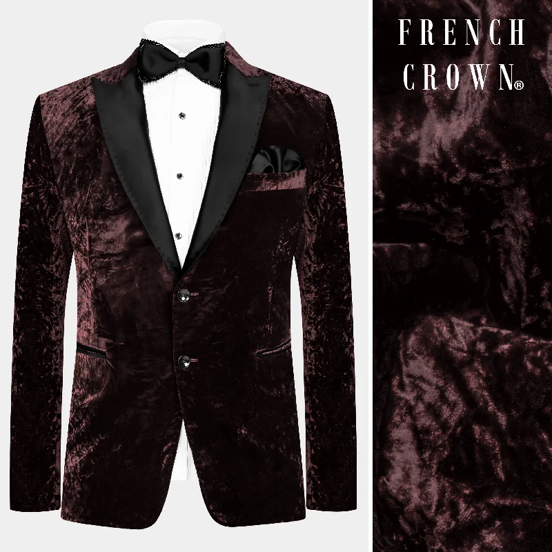 Asphalt Brown Crushed Velvet Peak Collar Tuxedo Blazer