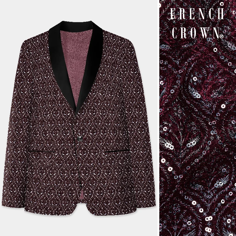 Aubergine Maroon With Sequins And Thread Embroidered Tuxedo Blazer