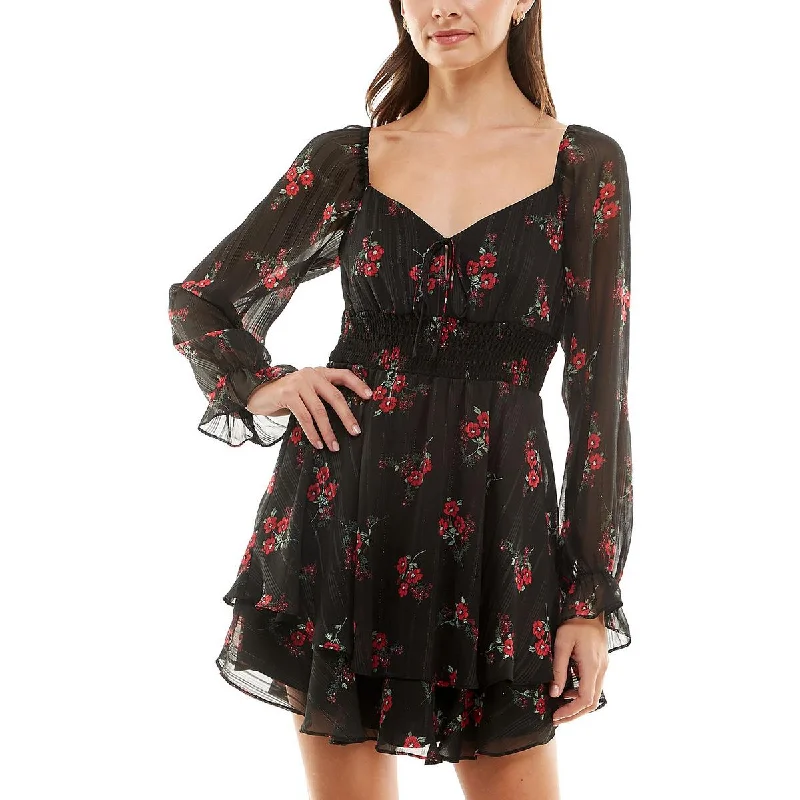 Bee Darlin Womens Juniors Floral Mini Fit & Flare Dress