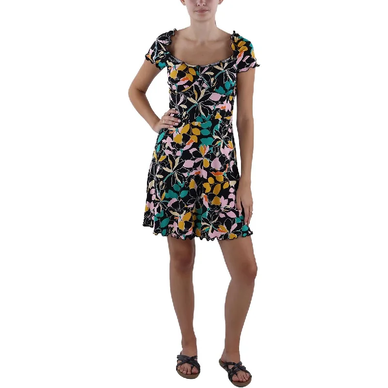 Bar III Womens Tropical Print Off-The-Shoulder Fit & Flare Dress