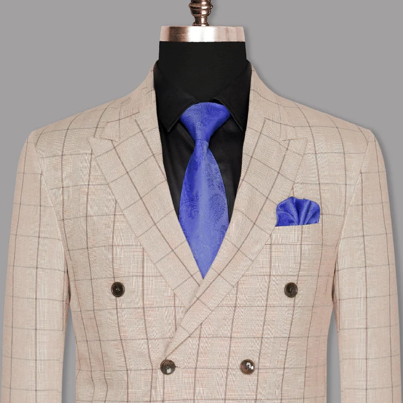 Beige Windowpane Wool Rich Double Breasted Blazer