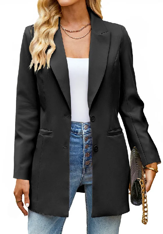 Black Women's Long Professional Office Casual Pocket Lapel Blazers