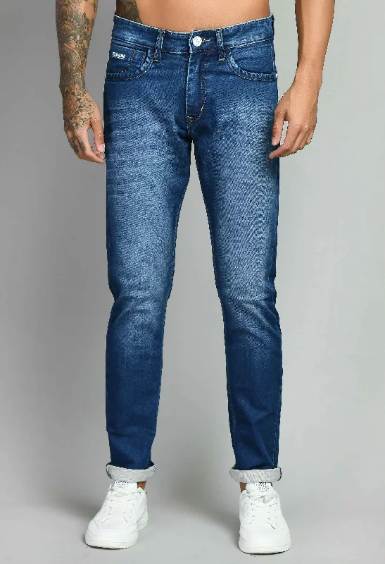 Blue Mid Rise Solid Slim Fit Jeans