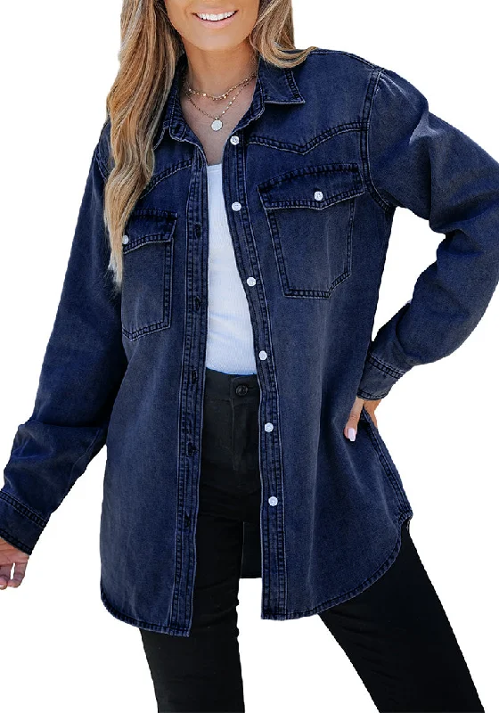 Blue Plunge Women's Trendy Long Denim Jackets Oversized Shackets with Pockets