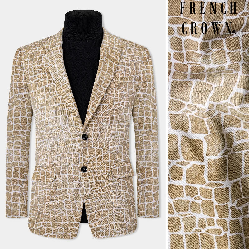 Bright White and Cocoa Brown Printed Premium Cotton Blazer