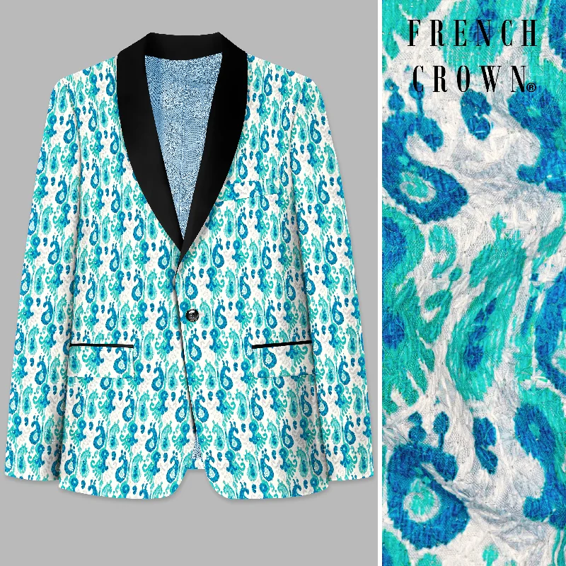 Bright White And Curious Blue Designer Thread Embroidered Tuxedo Blazer