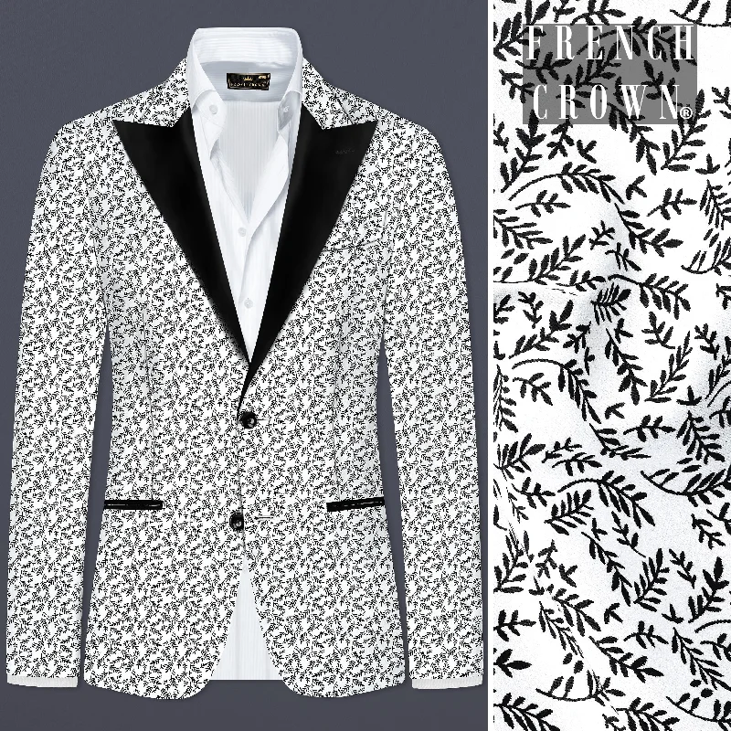 Bright White And Jade Black Printed Cotton Peak Collar Tuxedo Blazer