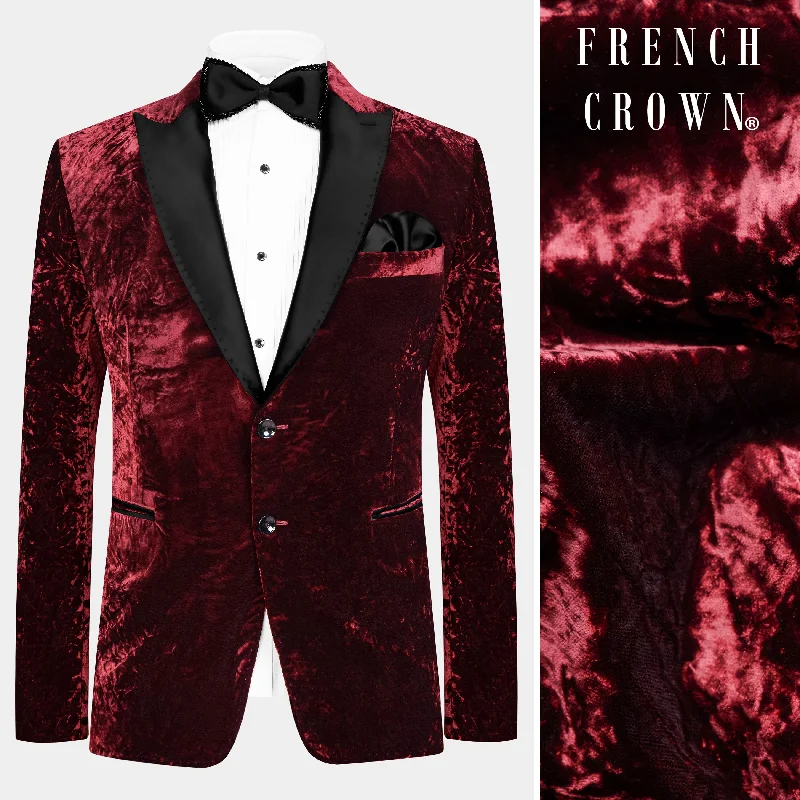 Bulgarian Maroon Crushed Velvet Peak Collar Tuxedo Blazer