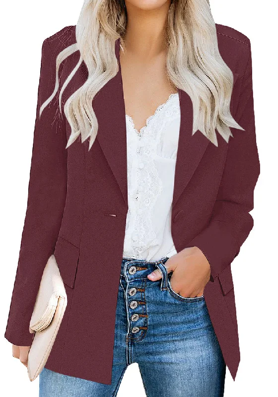 Burgundy Lapel Front-Button Side-Pockets Blazer