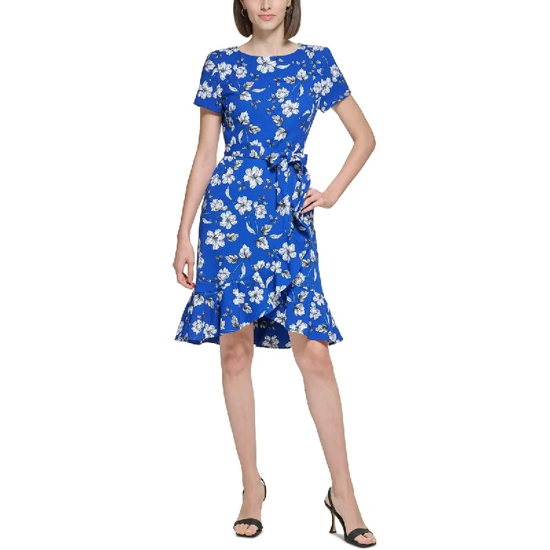 Calvin Klein Womens Petites Floral Print Crepe Fit & Flare Dress