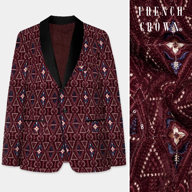 Castro Maroon Geometric Thread and Sequin Embroidered Tuxedo Blazer