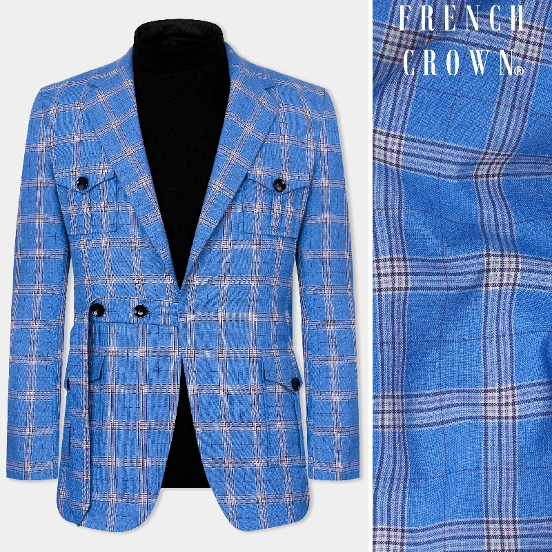 Celestial Blue and Martinique Purple Plaid Wool Rich Designer Blazer