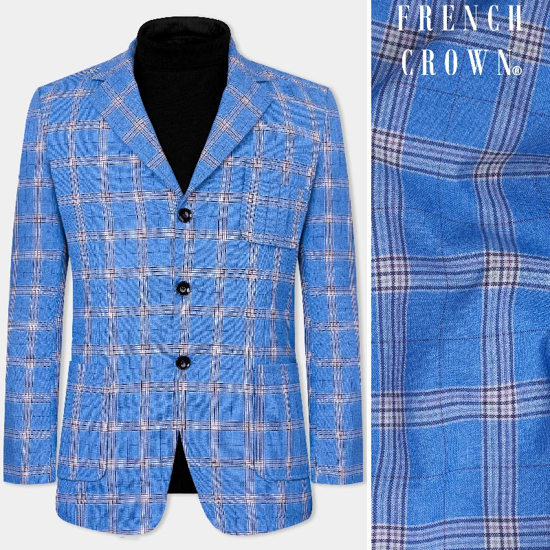 Celestial Blue and Martinique Purple Plaid Wool Rich Designer Blazer