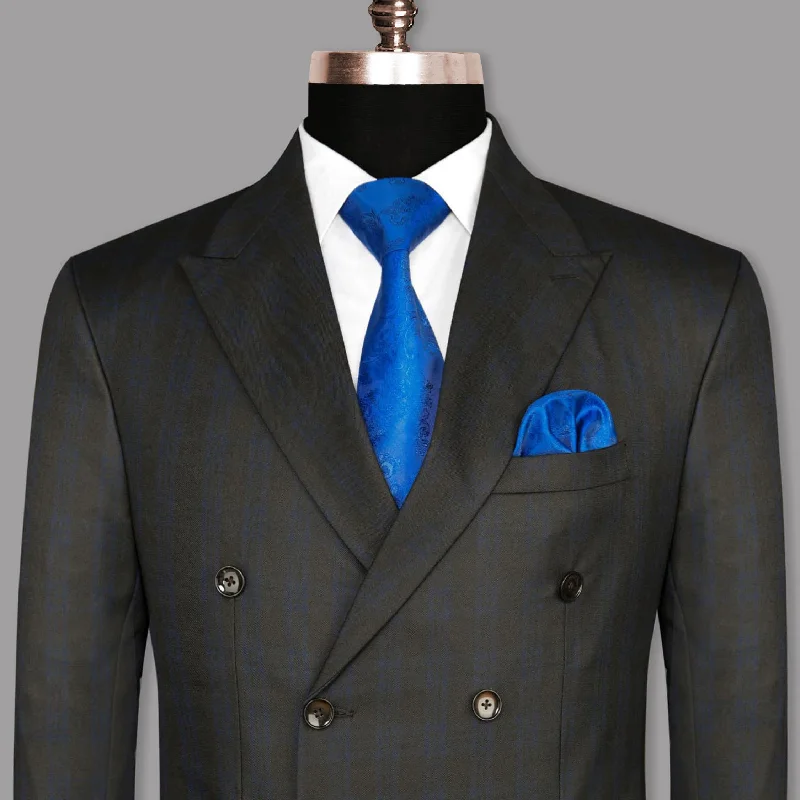 Charcoal with Subtle Navy Plaid Wool Rich Double Breasted Blazer