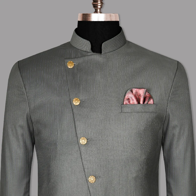 Chicago Gray Subtle Striped Cross Placket Bandhgala/Mandarin Blazer