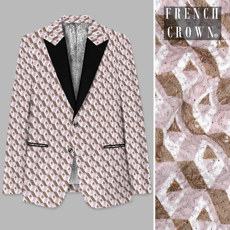 Clam Shell Pink and Roman Coffee Brown 3D Box Quilt Embroidered Peak Collar Tuxedo Blazer