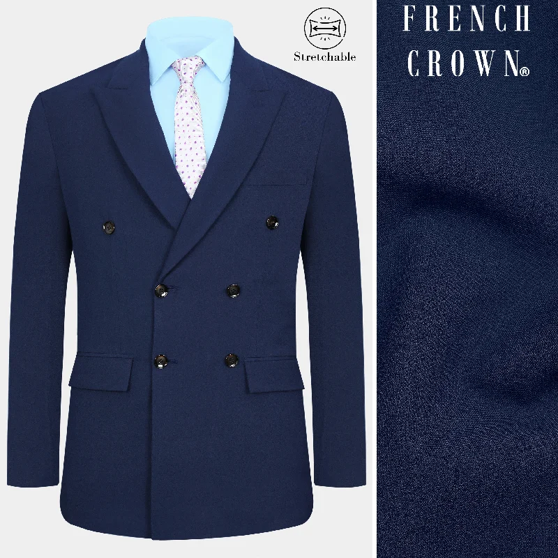 Cloud Burst Blue Wool Rich Double Breasted Stretchable Traveler Blazer