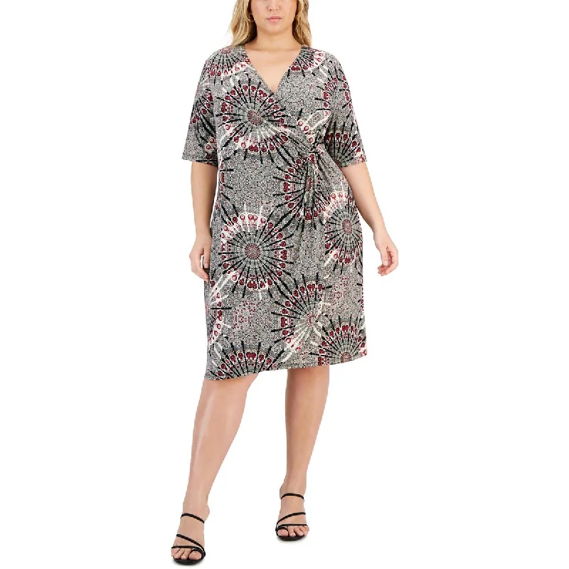 Connected Apparel Womens Plus Midi Short Sleeve Wrap Dress