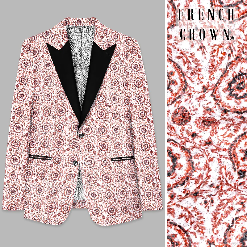 Copper Rust Brown And Bright White Embroidered Peak Collar Tuxedo Blazer