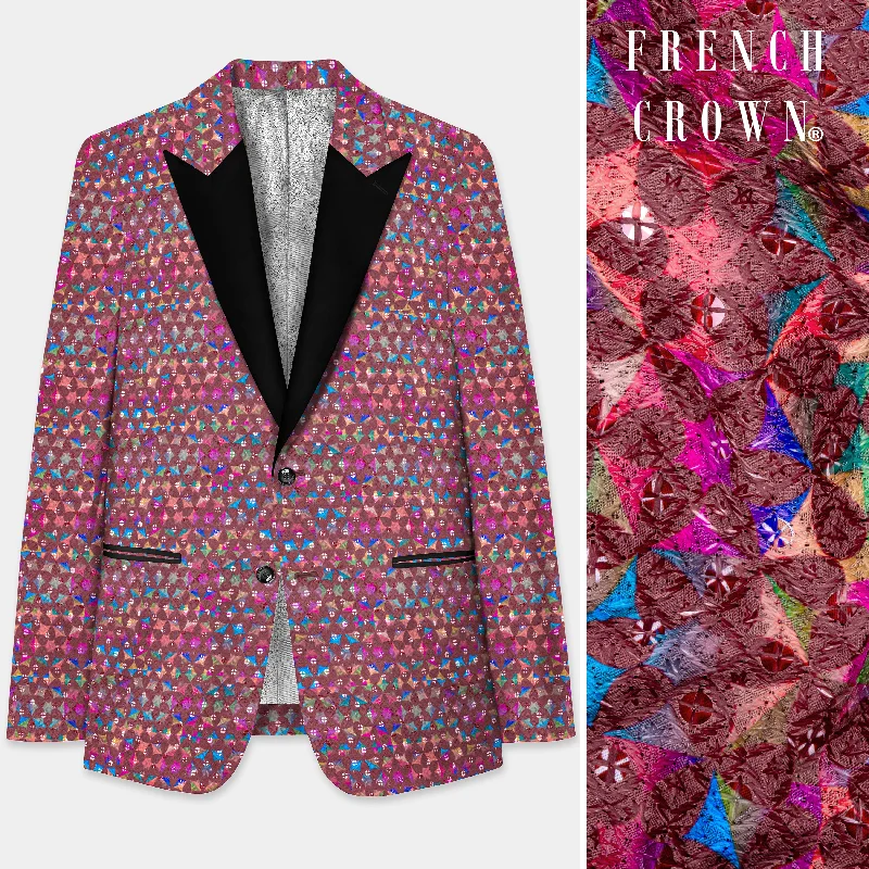 Cordovan Brown And Trendy Purple Multicolour Embroidered Peak Collar Tuxedo Blazer