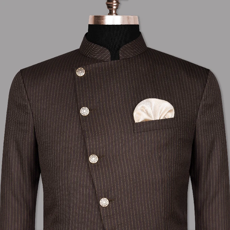 Crater Brown Striped Cross Placket Bandhgala/Mandarin Blazer