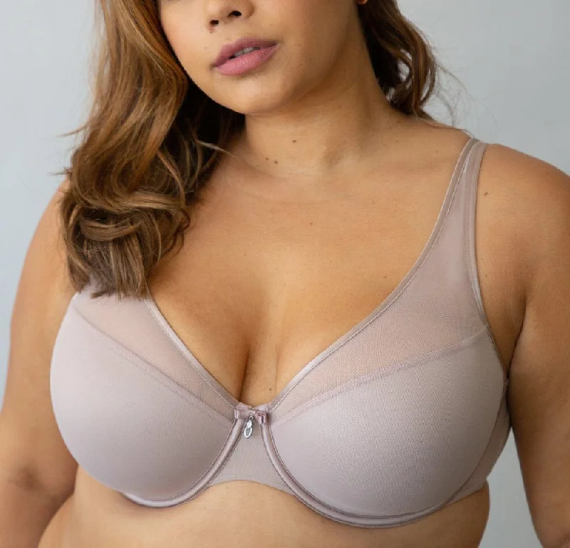 Curvy Couture Sheer Mesh Plunge Bark Neutral T Shirt Push Up Bra 1310