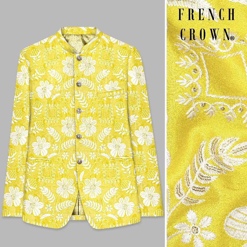 Dandelion Yellow And Bright White Floral Sequin And Thread Embroidered Bandhgala Jodhpuri