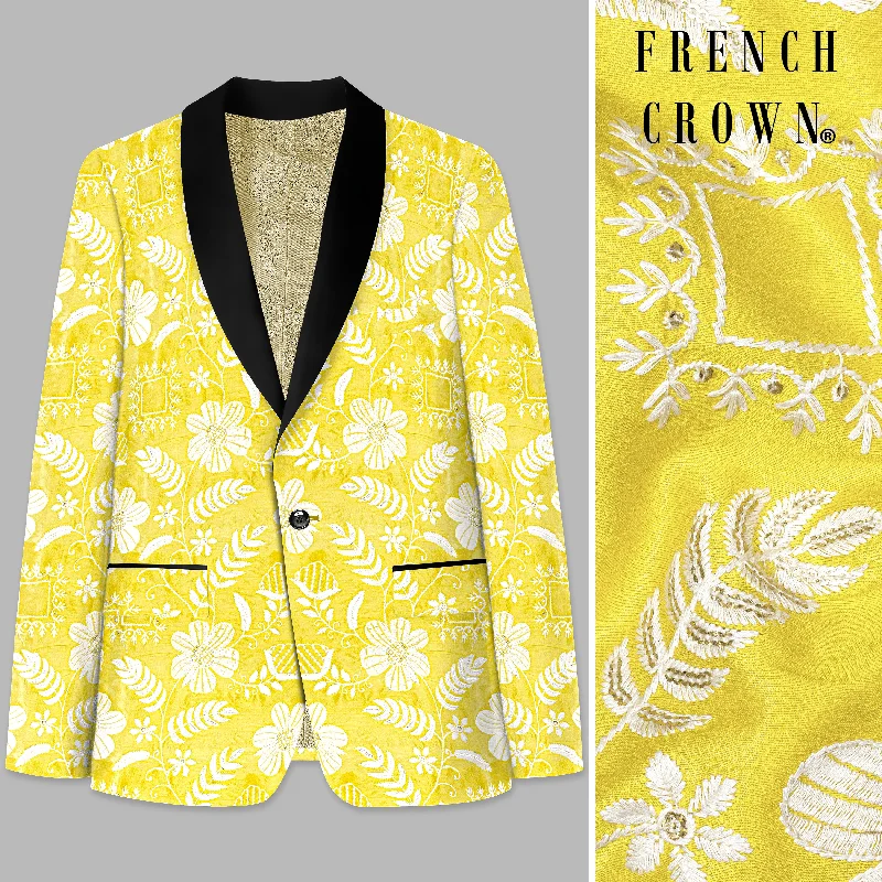 Dandelion Yellow And Bright White Floral Sequin And Thread Embroidered Tuxedo Blazer