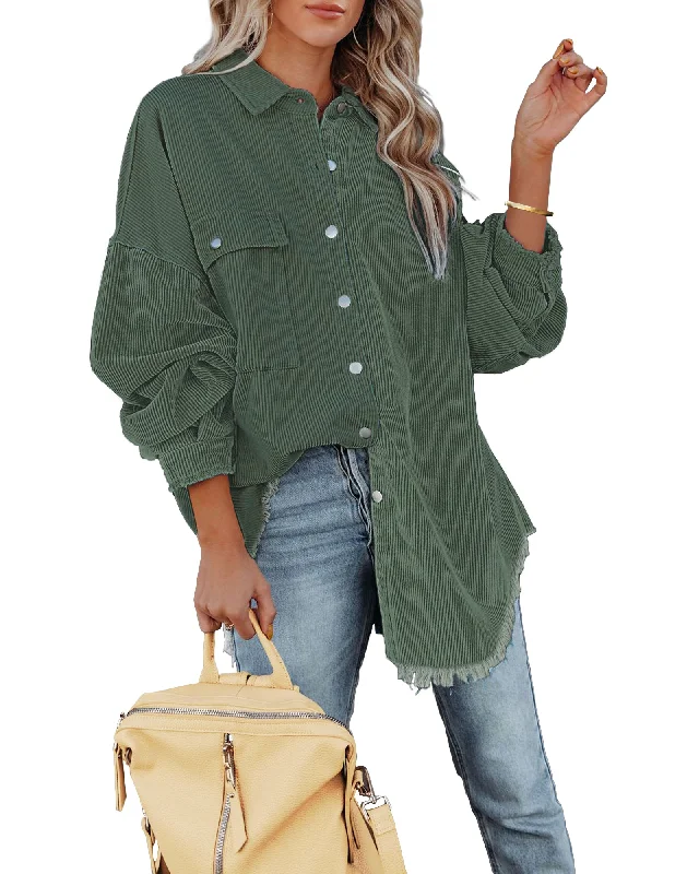 Dark Green Drop Shoulders Contrast Corduroy Button-Down Jacket