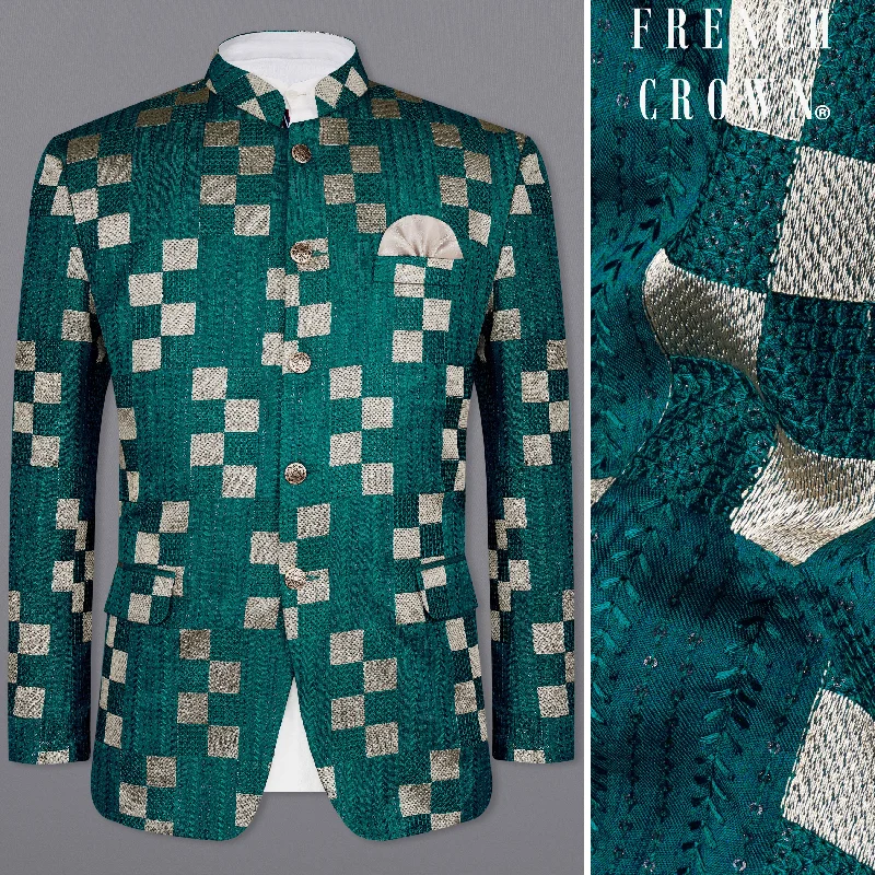 Dark Teal Green with Periglacial Cream Square Cotton Thread Heavy Embroidered Bandhgala Designer Indo-Western Blazer