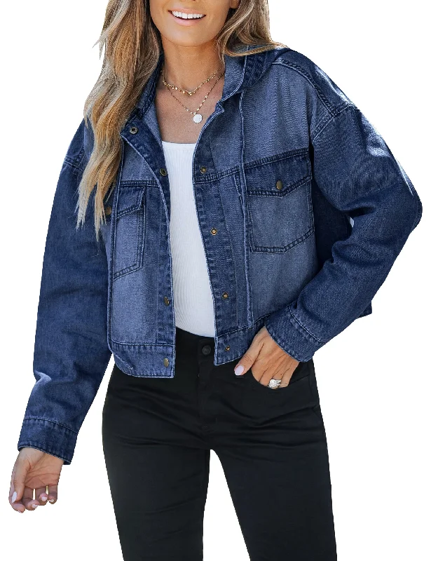 Darkness Blue Women's Denim Jackets Vintage Lightweight Cropped Button Down Jacket