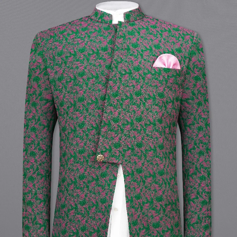 Dartmouth Green with Mulberry Pink Ditsy Textured Bandhgala Designer Blazer