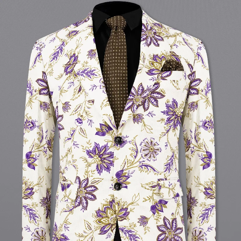 Desert Storm Cream with Eminence Blue Leaves Printed Premium Cotton Designer Blazer