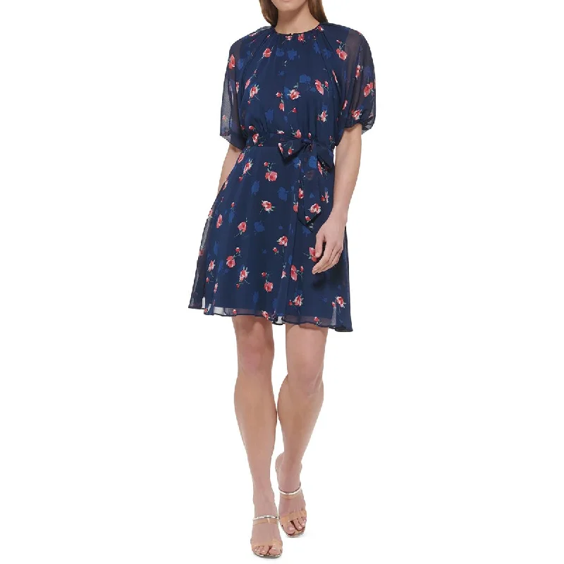 DKNY Womens Chiffon Floral Print Fit & Flare Dress