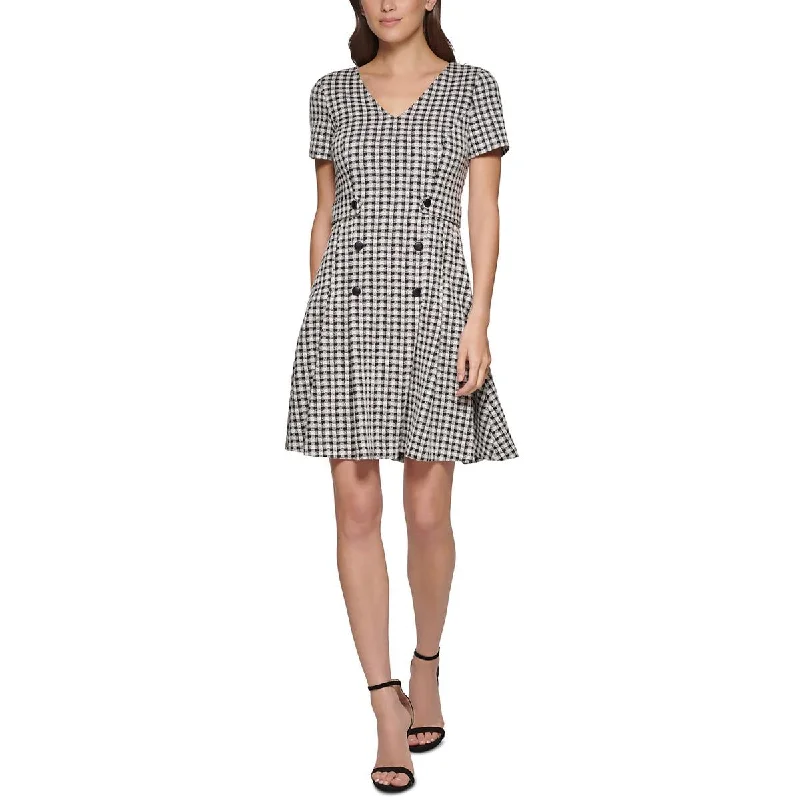 DKNY Womens Petites Checkered Gingham Fit & Flare Dress