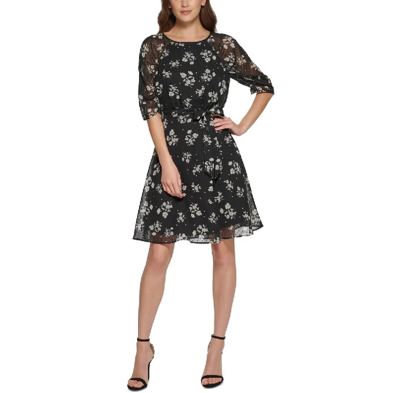 DKNY Womens Petites Floral Print Knee-Length Fit & Flare Dress