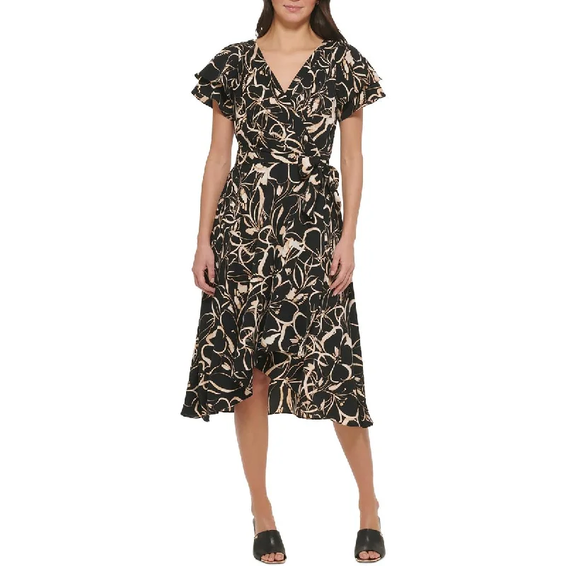 DKNY Womens Printed V neck Fit & Flare Dress