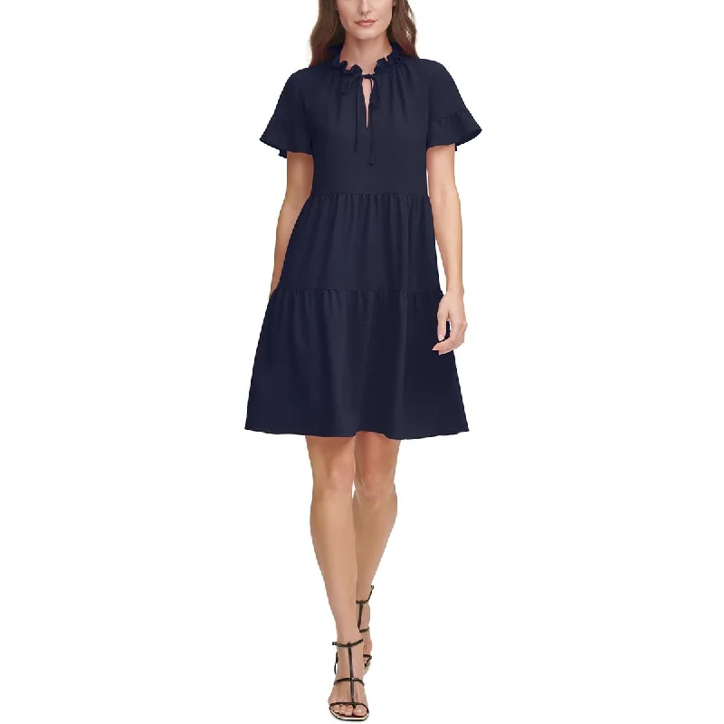 DKNY Womens Tiered Tie Neck Fit & Flare Dress