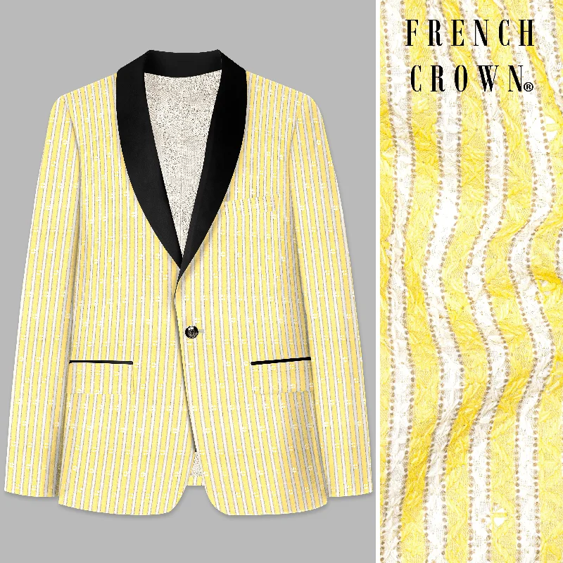 Drover Yellow And Bright White Striped Designer Thread Embroidered Tuxedo Blazer