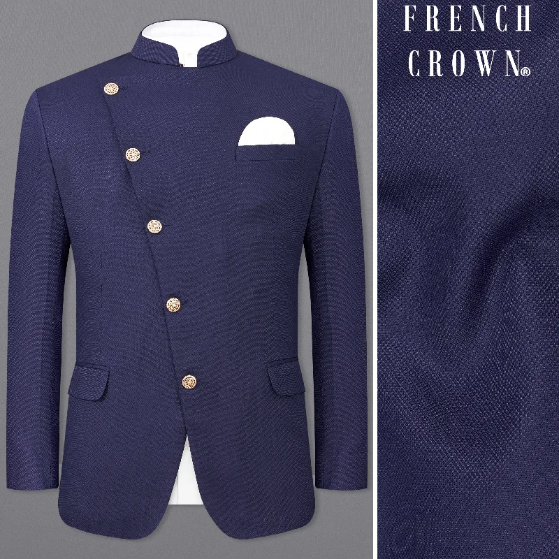 Ebony Clay Navy Blue Cross Placket Bandhgala Blazer