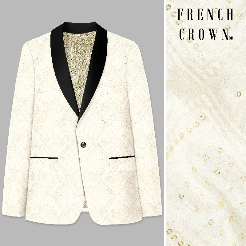 Eggshell Cream Trellis Sequin And Thread Embroidered Tuxedo Blazer