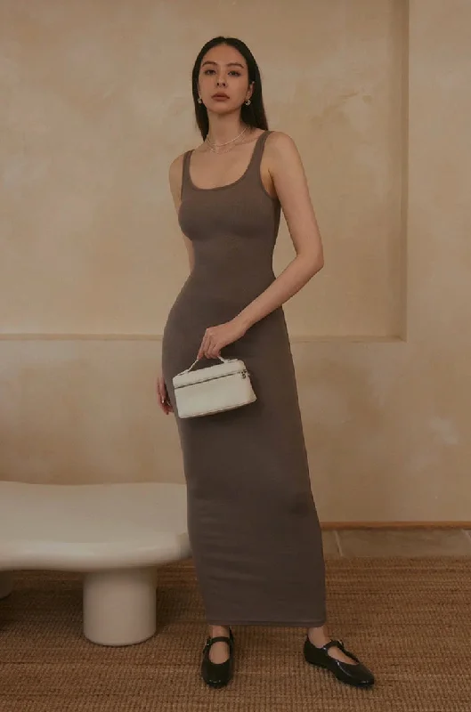 Elegant Rib Knit Wide Strap Maxi Bra Dress (寬肩長洋裝)